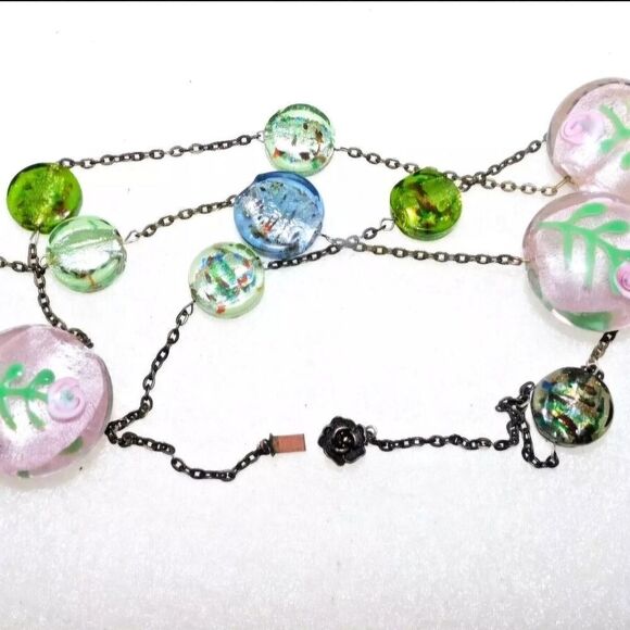 VINTAGE 28" GOLD TONE CHUNKY LAMPWORK ART GLASS CHAIN NECKLACE - Picture 5 of 5